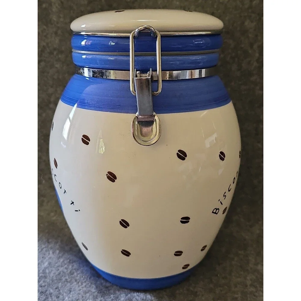 Inspirado Ceramic Cookie  / Biscotti Jar Blue White Coffee Cup Beans Hinged Lid